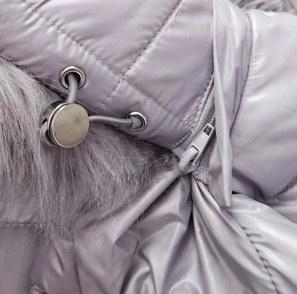 Silver Quilted Puffer Jacket with Faux Fur Hood
